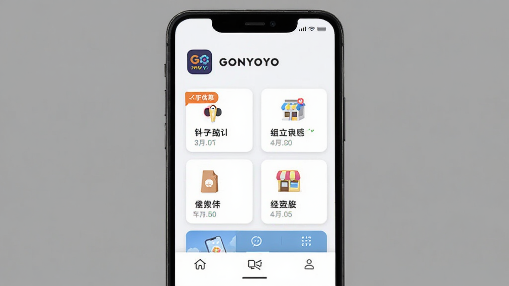 主体为一部智能手机屏幕显示GONYOYO应用首页界面,布局为居中手机正面展示,排版为上方应用名称