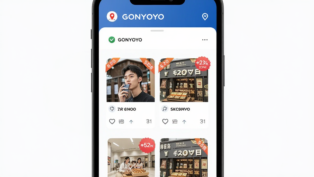 主体为手机界面展示周边优惠聚合列表,布局为纵向卡片流排列,排版为顶部定位栏加下方商家优惠卡片,风格为现代简约电商风,细节包含距离标签、折扣角标、店铺缩略图,画质清晰干净无多余元素,画面中带有