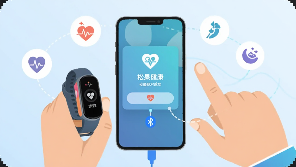 一只智能手环与手机通过蓝牙连接,手机屏幕弹出“松果健康”设备配对成功提示,周围环绕心率、步数、睡眠图标,背景为淡蓝色渐变,扁平科技插画风格,色调清爽,构图居中,画质干净,无杂乱装饰