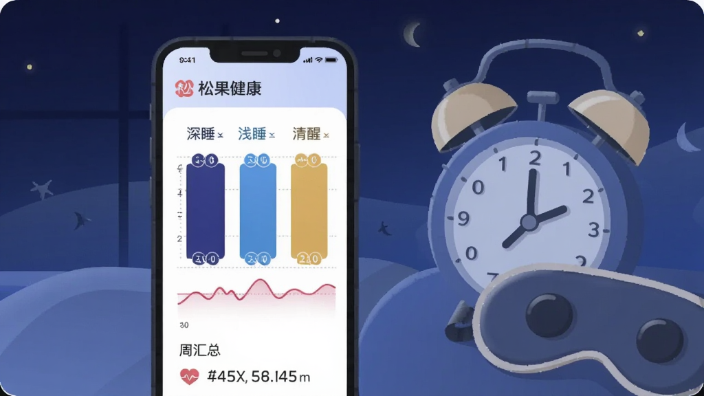 手机屏幕显示“松果健康”睡眠分析图表,包含深睡、浅睡、清醒三段彩色柱状图与一条心率曲线,图表下方有周汇总文字,手机旁放着一只闹钟与眼罩,背景为深蓝夜色渐变,扁平插画风格,色调沉静,画质清晰,无多余元素