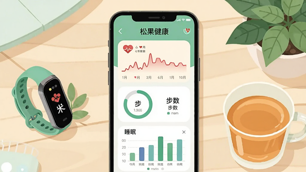 画面中央一部智能手机,屏幕显示“松果健康”应用主界面,界面包含心率曲线、步数圆环与睡眠柱状图,手机左侧放置一只智能手环,右侧摆放一杯温水与绿植,背景为浅色木质桌面,整体采用清新扁平插画风格,色调以薄荷绿与米白为主,细节干净利落,画质清晰,无多余元素