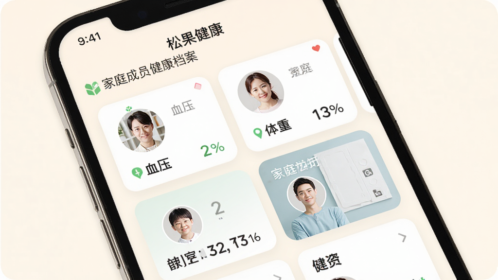 手机屏幕展示“松果健康”家庭成员健康档案页面,页面内并列显示多位家庭成员的头像与健康数据卡片,卡片上有血压、体重等数值,背景为柔和暖白色,界面卡片式排版,风格简约现代,细节清晰,画质干净