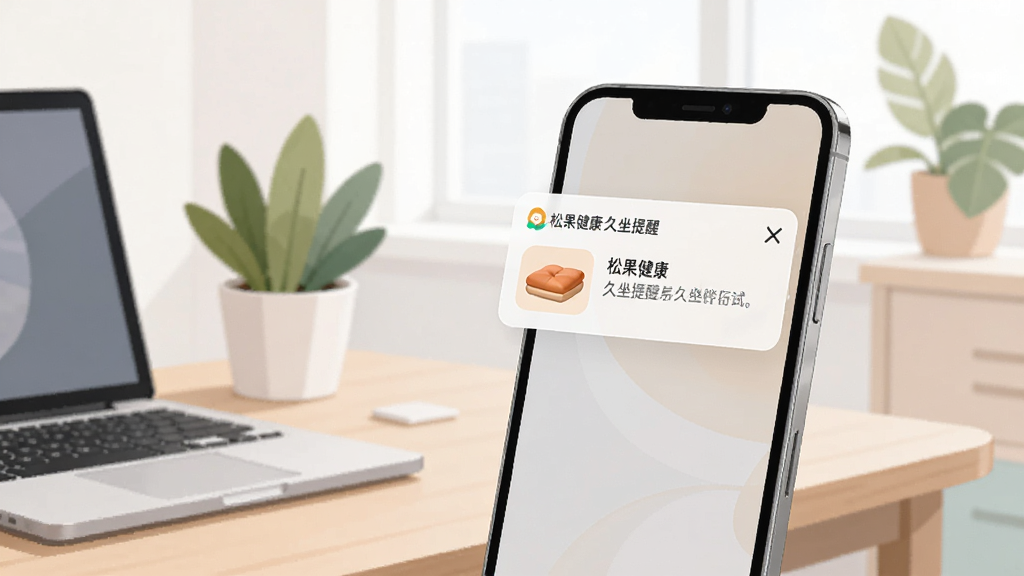 手机屏幕弹出“松果健康”久坐提醒通知,通知卡片上有小坐垫图标与温和提示文字,手机立在办公桌一角,旁边有笔记本电脑与绿植,背景为明亮办公室场景,扁平插画风格,色调柔和,画质干净,构图简洁
