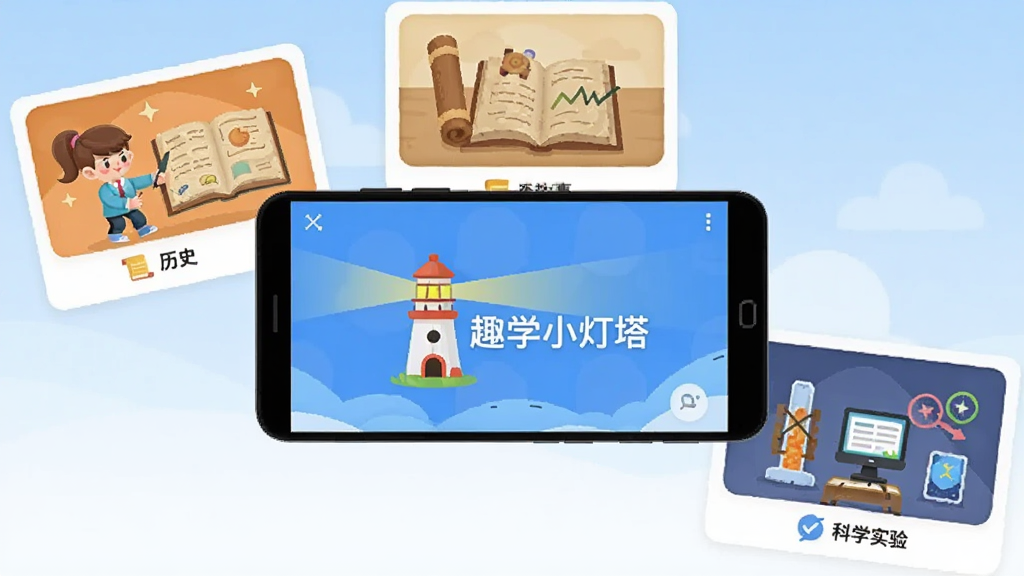 画面中央放置一部横向摆放的安卓手机,手机屏幕上显示趣学小灯塔App主界面,界面中有卡通灯塔图标与