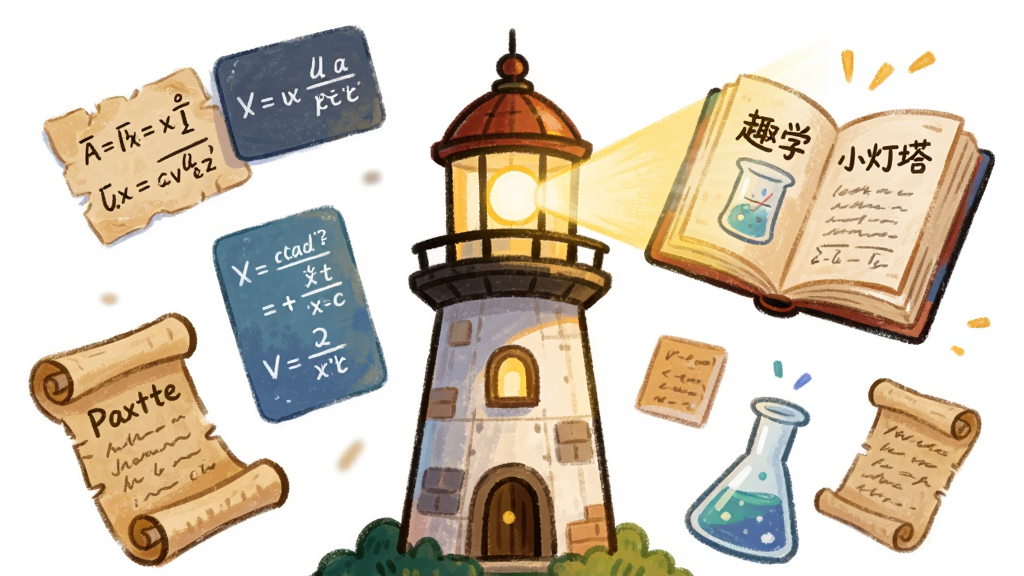 画面主体是一座卡通灯塔,灯塔周围漂浮着物理公式卡片、历史卷轴和实验烧杯,灯塔顶部射出暖黄色光束照亮一本打开的书,书页上写有