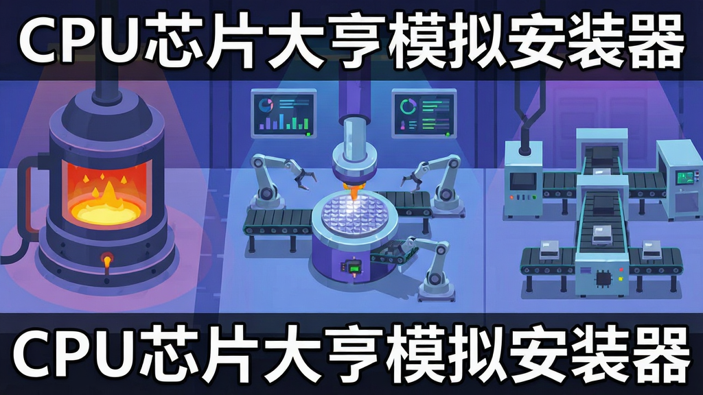 一张横版游戏截图,画面左侧是硅材料熔炉,中间是晶圆加工车间,右侧是封装测试流水线,整体呈产业链布局,科技感工厂场景,蓝紫色调光影,扁平插画风格,细节包括机械臂、传送带、数据面板,画质干净清晰,画面中带有“CPU芯片大亨模拟安装器”文字标识
