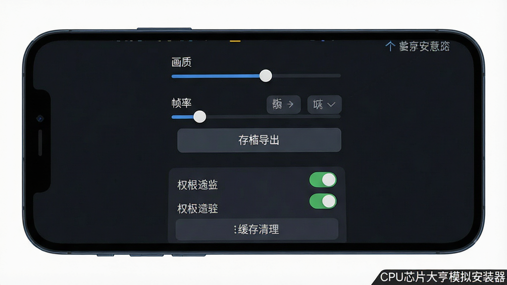 一张手机屏幕展示游戏设置菜单界面,包含画质调节滑块、帧率选项、存档导出按钮,界面为深色主题,扁平化设计,主体居中布局,细节包括权限开关列表、缓存清理按钮,画质干净清晰,画面角落带有“CPU芯片大亨模拟安装器”小字标识
