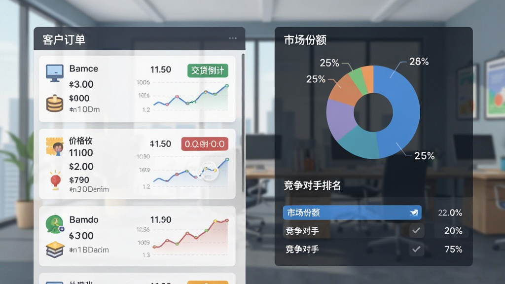 一张游戏画面展示订单列表与竞争对手对比面板,左侧是客户订单卡片,右侧是市场份额饼图与竞争对手排名,背景为商务办公场景,扁平化信息图表风格,主体居中,细节包括价格曲线、交货倒计时,画质清晰干净