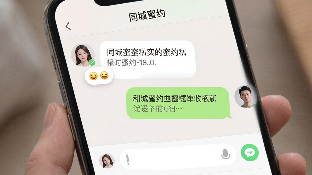 手机聊天界面展示“同城蜜约”私聊窗口,双方头像与对话气泡清晰,主体为即时聊天场景,布局左右对话式,排版整齐,风格柔和圆角,细节含表情按钮与输入框,画质高清,干净,无多余元素