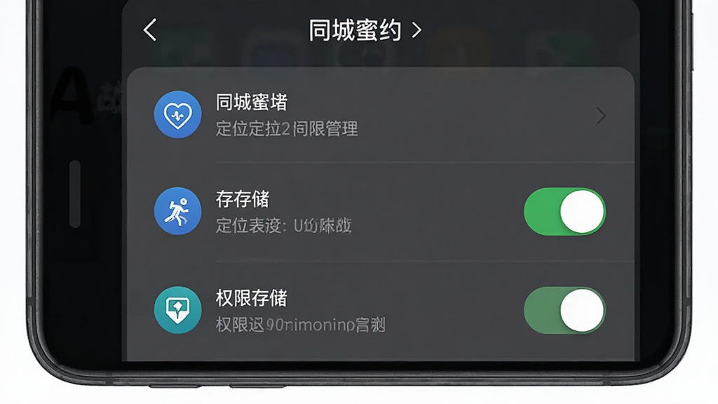 手机设置界面展示“同城蜜约”权限管理页,定位与存储开关清晰,主体为权限设置场景,布局纵向列表,排版规整,风格简约商务,细节含权限图标与提示文字,画质高清,干净,无多余元素