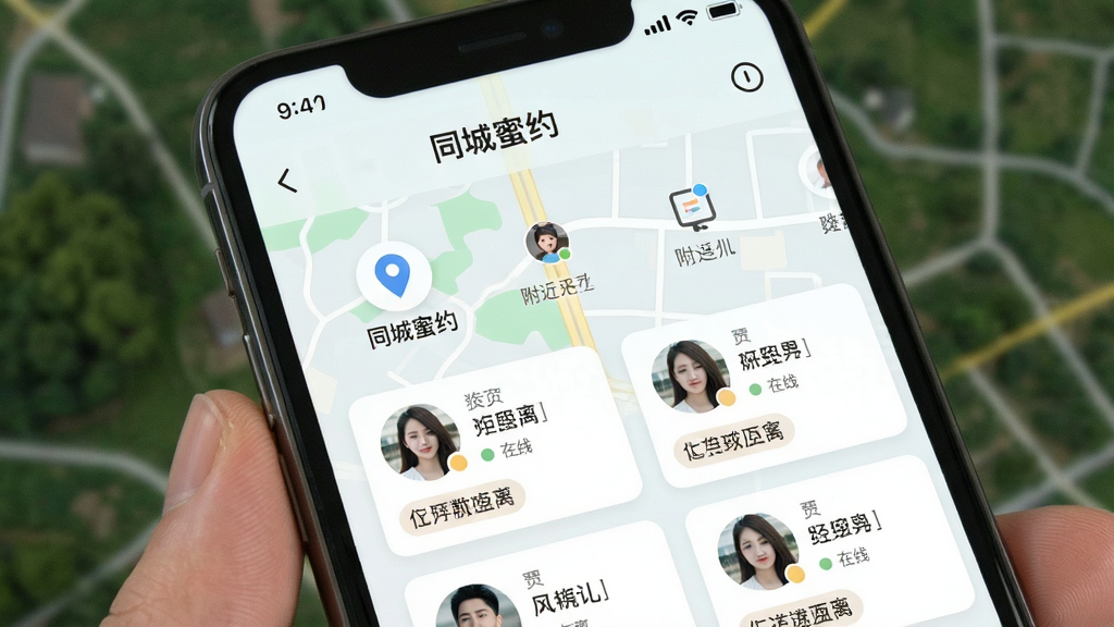 手机界面展示“同城蜜约”附近的人列表,地图定位图标与用户头像卡片排列整齐,主体为定位推荐场景,布局上下结构,排版清晰,风格清新浅色,细节含距离标签与在线状态点,画质高清,干净,无多余元素