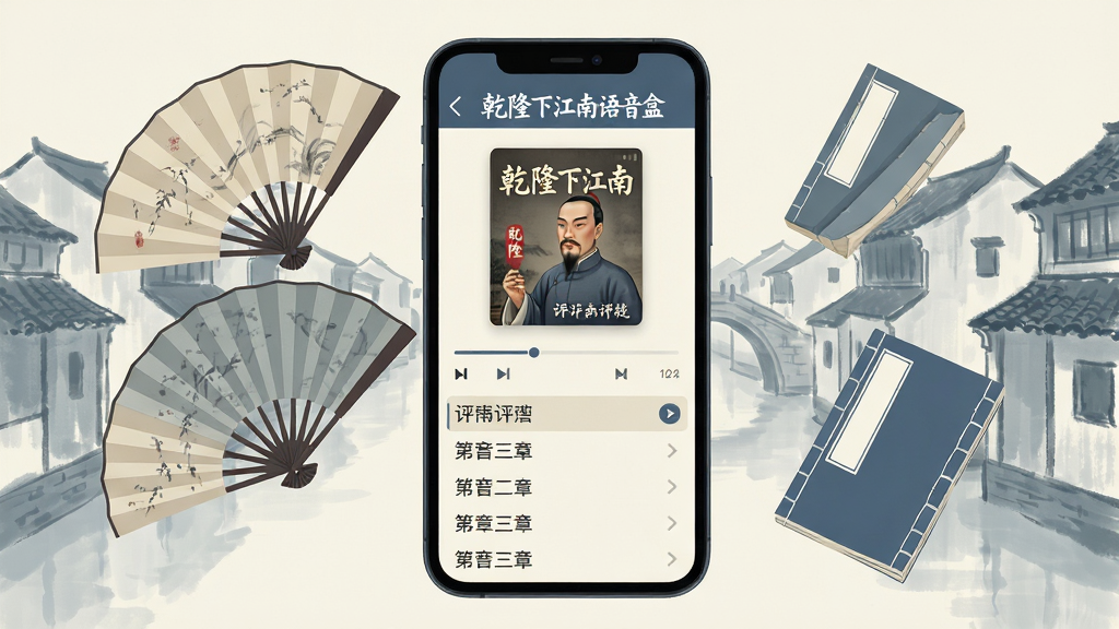 画面中央放置一部智能手机,手机屏幕显示“乾隆下江南语音盒”播放界面,界面中有评书封面、播放进度条与章节列表,手机两侧漂浮古风折扇与线装书元素,背景为淡雅江南水乡水墨远景,整体采用扁平化插画风格,色调以青灰与米白为主,细节干净清晰,画质高清,无多余杂乱装饰