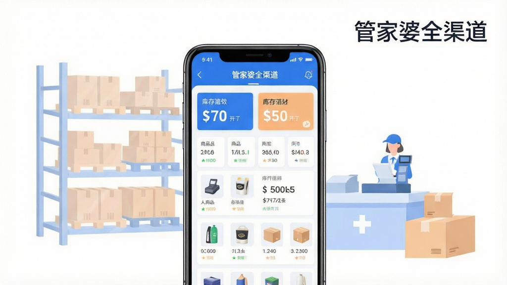 画面主体是一部竖屏智能手机,屏幕中央展示“管家婆全渠道”移动端管理界面,包含商品列表与库存数字卡片;手机后方以半透明方式叠放仓库货架、收银台与配送纸箱的简笔图形,形成前后层次布局;整体采用干净清爽的扁平化商务插画风格,主色为蓝白与浅橙点缀,细节上突出数据卡片与商品缩略图,画面右上角以简洁字体书写“管家婆全渠道”;画质清晰锐利,背景纯净无杂乱元素,适合软件下载站首页配图