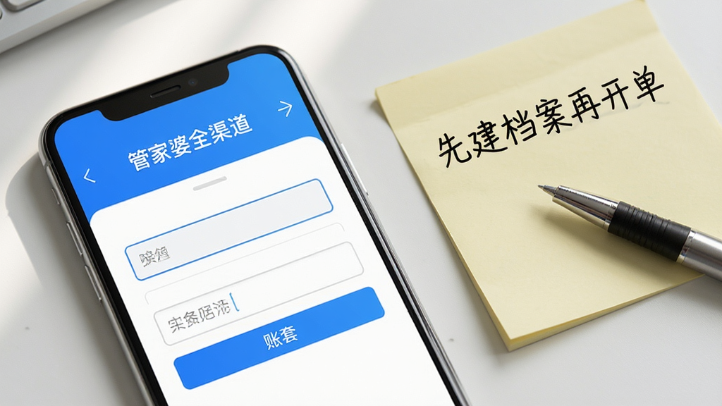 手机屏幕特写,显示“管家婆全渠道”的登录与账套选择界面,界面干净简洁,蓝白配色;手机旁放置一张写有“先建档案再开单”字样的便签纸和一支笔,背景为浅灰色桌面;采用写实风格,光线从左上角柔和照入,细节突出屏幕上的按钮与输入框;画面整洁,无多余元素,画质清晰