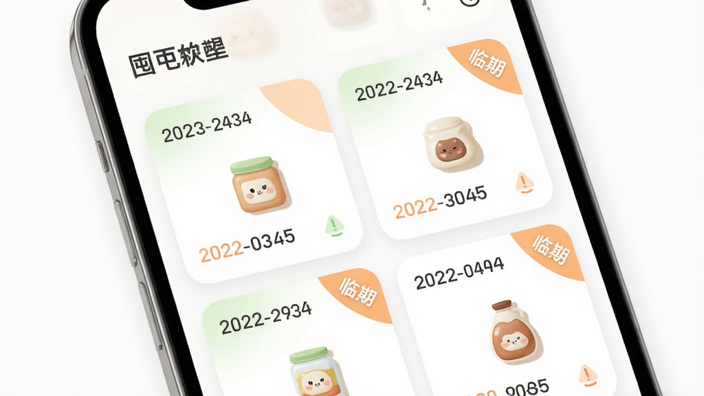 画面主体为“囤囤”软件中的保质期提醒功能展示,布局为手机屏幕特写,屏幕中央排列着多张带有日期标签的物品卡片,部分卡片带有醒目的临期提示角标;风格为柔和圆角卡片式设计,细节包括浅绿色与浅橙色搭配的提醒标识、清晰的数字日期和物品缩略图标,背景为干净的白色;画质高清,干净整洁,无多余元素