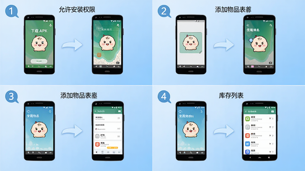画面主体为“囤囤”软件在安卓手机上的安装与使用流程示意,布局为四格分镜排列,分别展示下载APK、允许安装权限、添加物品表单、库存列表四个步骤;风格为简洁明快的教程图示风格,细节包括手机轮廓、箭头引导线和清晰的步骤编号,背景为浅蓝色渐变;画质高清,干净整洁,无多余元素