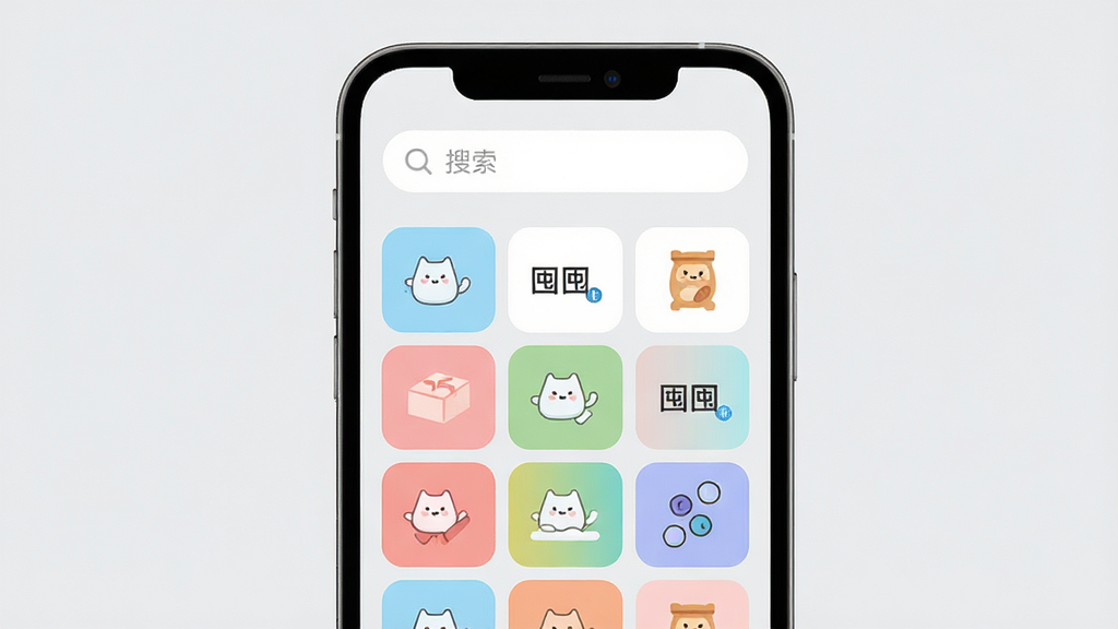 画面主体为“囤囤”应用的分类标签与搜索界面展示,布局为手机屏幕正面视图,屏幕上方为搜索输入框,下方为彩色分类标签网格,每个标签配有简洁图标;风格为清爽极简的扁平化设计,细节包括浅蓝色与白色相间的标签块、圆角搜索框和清晰的文字层级,背景为浅灰色;画质高清,干净整洁,无多余元素