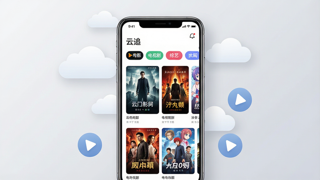 一张展示手机端影视应用界面的场景图,画面中央是一部竖屏手机,屏幕上显示