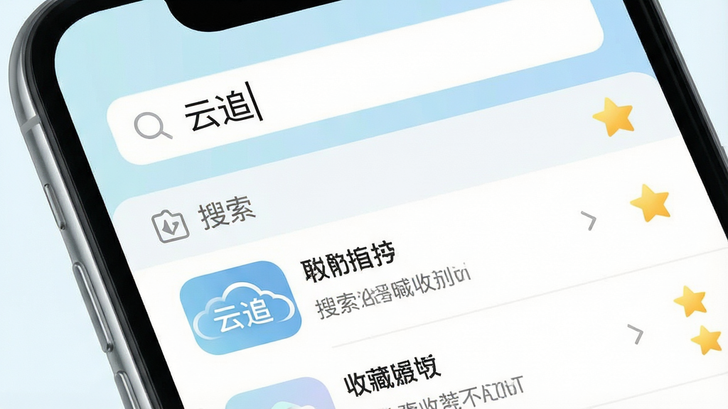 一张表现搜索与收藏功能的界面图,画面为手机屏幕特写,顶部搜索框内显示