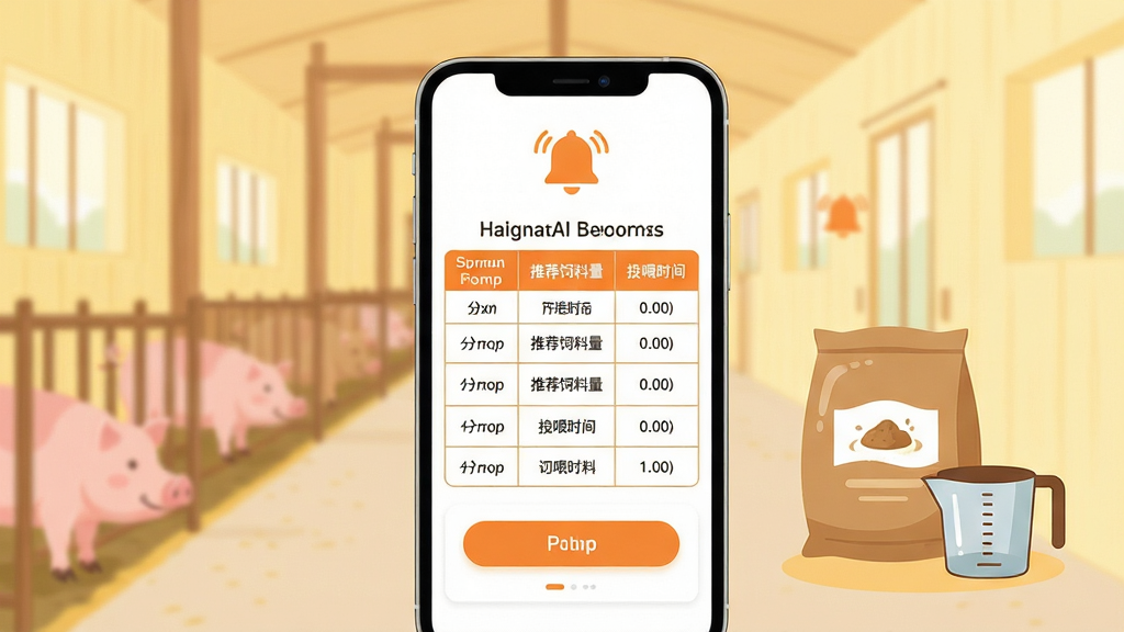 智慧猪AI精准饲喂建议界面图,画面中心为手机屏幕显示饲喂计划表,表格中包含猪只分组、推荐饲料量、投喂时间等字段,屏幕上方悬浮一个铃铛提醒图标,背景为淡黄色暖色调的猪舍走廊虚化场景,布局为手机正面展示、右侧配以饲料袋与量杯的简约插画元素,风格为温暖亲和的扁平化设计,细节包括橙色强调色、清晰表格线、圆角按钮,画质高清、干净、无多余元素