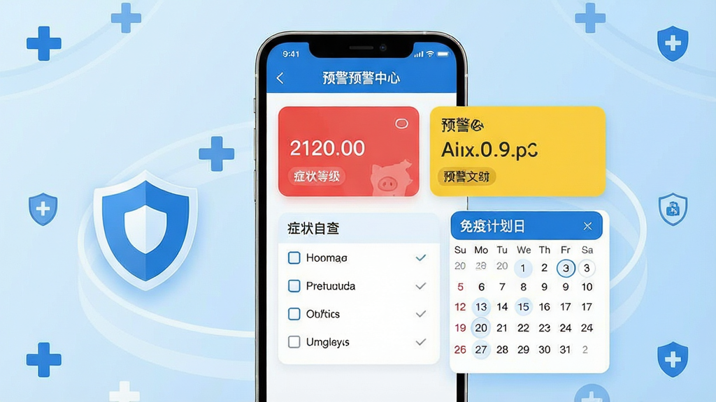 智慧猪AI疫病预警功能展示图,画面为手机屏幕显示预警中心页面,页面内包含红色与黄色预警卡片、症状自查勾选列表、免疫计划日历视图,屏幕左侧悬浮一个盾牌图标象征防护,背景为浅蓝色渐变,布局为手机居中、四周环绕医疗十字与盾牌简约图标,风格为专业医疗科技风扁平设计,细节包括蓝白配色、清晰的预警等级标签、圆角卡片布局,画质高清、干净、无多余元素