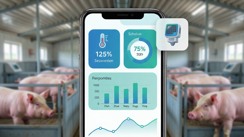 智慧猪AI环境监测功能界面图,画面主体为手机屏幕显示环境数据仪表盘,包含温度计图标与数值、湿度百分比环形图、氨气浓度柱状图,屏幕右上方悬浮一个传感器设备小图标,背景为现代化猪舍内部实景虚化,布局为手机正面展示、底部配以简约的数据波动曲线,风格为清新科技感扁平化设计,细节包括蓝绿色调、清晰的仪表盘刻度、圆角数据卡片,画质高清、干净、无多余元素