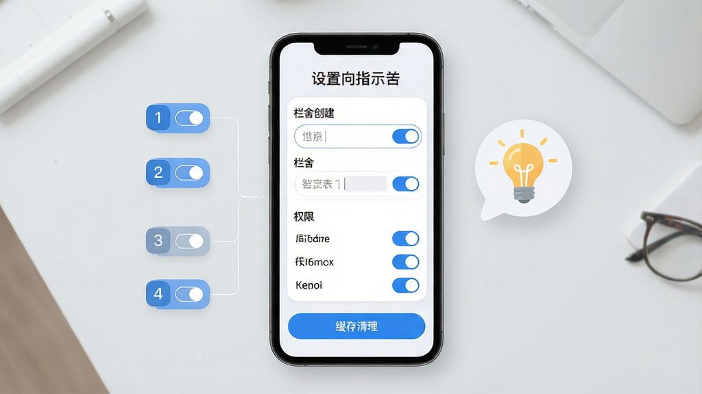 智慧猪AI新手操作指引示意图,画面为手机屏幕显示设置向导页面,包含栏舍创建表单、权限开关列表、缓存清理按钮,屏幕旁边悬浮一个灯泡图标象征提示,背景为浅灰色简约桌面,布局为手机居中、左侧配以步骤序号标签,风格为清新扁平化设计,细节包括蓝色主按钮、清晰的开关状态、圆角输入框,画质高清、干净、无多余元素