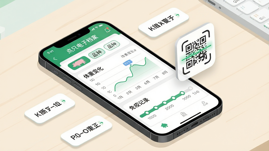智慧猪AI智能档案管理功能展示图,画面主体为手机屏幕显示猪只电子档案详情页,页面内包含猪只编号、品种标签、体重变化折线图、免疫记录时间轴,屏幕旁边悬浮一个虚拟的二维码扫描图标,布局为手机倾斜放置于浅色桌面、周围点缀简约的数据标签,风格为现代商务扁平插画风,细节包括绿色与白色配色、清晰的图表线条、圆角信息卡片,画质高清、干净、无多余元素