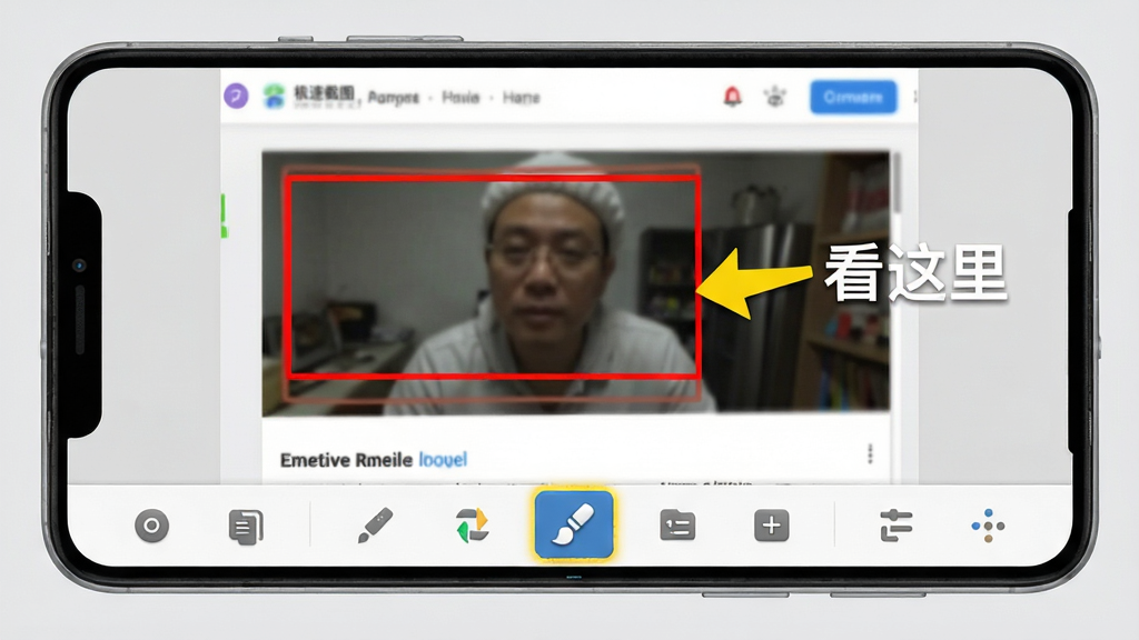 一部安卓手机屏幕显示极速截图标注器的编辑界面,画面中是一张网页截图,上面用红色矩形框圈出重点区域,旁边配有黄色箭头和白色文字说明“看这里”,底部工具栏高亮显示画笔图标,界面风格简洁明快,背景为浅灰色,细节包括工具图标立体感适中、标注线条边缘平滑,画质清晰,画面干净无多余装饰