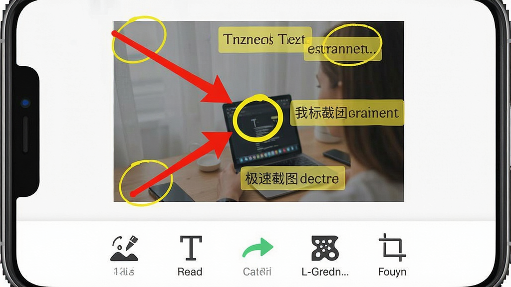 一张手机屏幕展示极速截图标注器主界面,中央是一张刚截取的图片,图片上有红色箭头、黄色圆圈和文字标注框,界面底部排列着涂鸦、文字、箭头、马赛克、裁剪等工具图标,整体布局干净清爽,风格为扁平化现代UI,细节包括工具栏图标清晰、标注颜色鲜明,画质高清,画面干净无多余元素