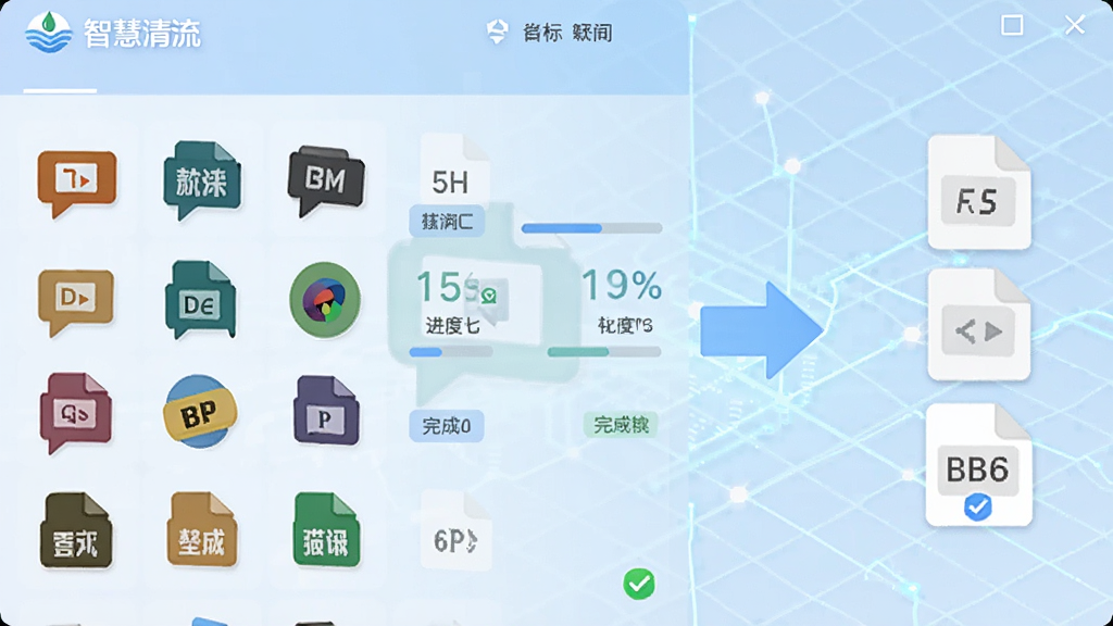 画面中央为“智慧清流”软件界面,左侧显示多种媒体格式图标排列,右侧为转换箭头指向目标格式,背景为浅蓝色科技感网格,风格扁平化设计,细节包含格式标签、进度百分比、完成勾选标记,画质清晰,构图干净,无杂乱装饰