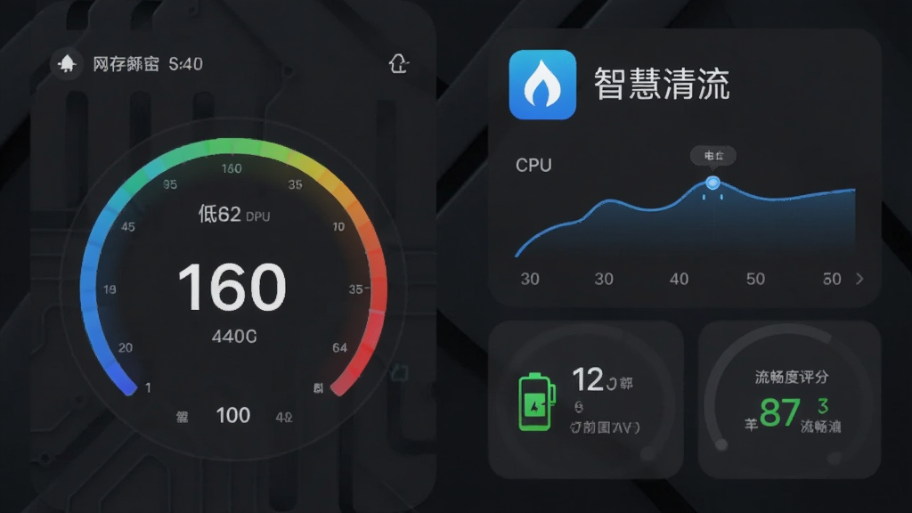 手机性能监控界面与“智慧清流”图标并列展示,左侧为内存占用仪表盘显示低数值,右侧为软件运行状态卡片,背景为深灰科技风格,细节包含CPU曲线、电量图标、流畅度评分,画质清晰,画面简洁,无冗余信息