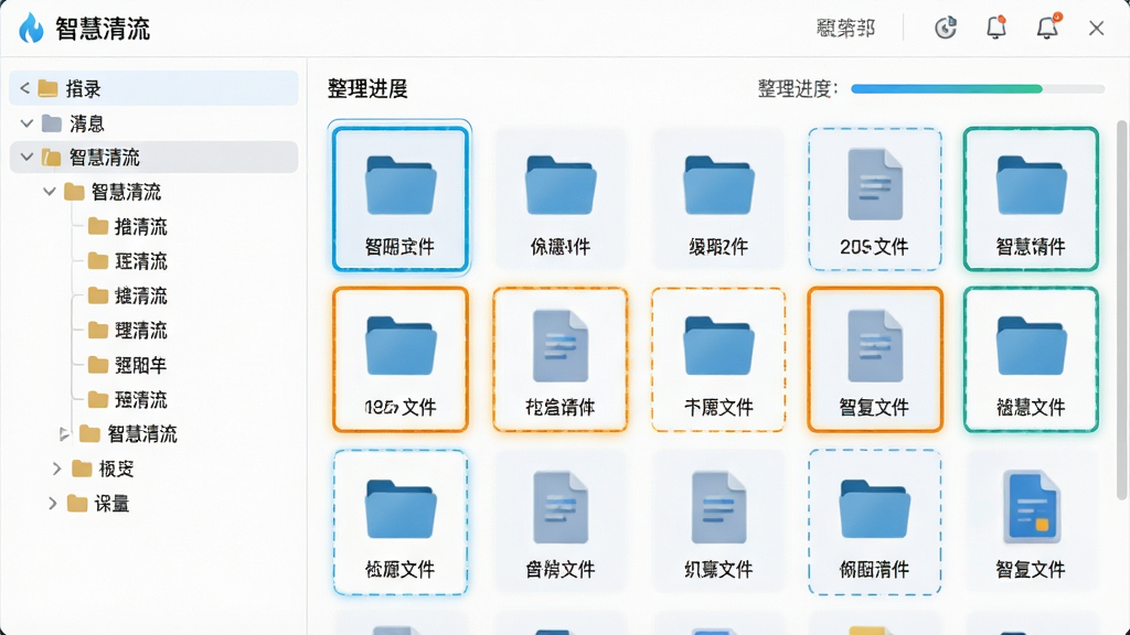 界面展示“智慧清流”文件整理页面,左侧为分类目录树,右侧为文件缩略图网格,重复文件以高亮边框标注,顶部显示“智慧清流”标题栏,风格清爽浅色系,细节包含文件夹图标、文件大小标签、整理进度条,画质高清,布局规整,无多余元素