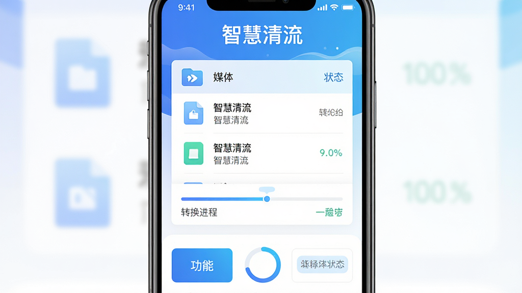 手机屏幕居中展示“智慧清流”应用主界面,界面采用蓝白渐变配色,上方为软件名称“智慧清流”字样,中部为媒体文件列表与转换进度条,下方为功能按钮区,整体布局清晰对称,风格简洁现代,细节包含文件图标、进度环、状态标签,画质高清,画面干净,无多余元素