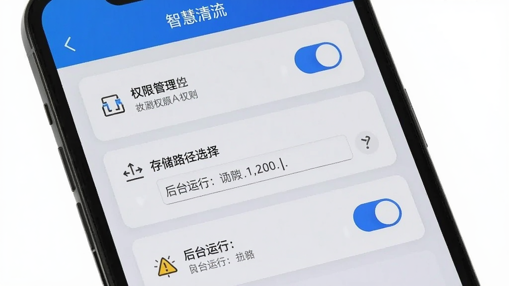手机屏幕显示“智慧清流”设置页面,包含权限管理、存储路径选择、后台运行开关等选项,界面以卡片式布局呈现,配色为浅灰与蓝色点缀,细节包含开关按钮、路径文本框、提示图标,画质清晰,风格简洁,无多余装饰