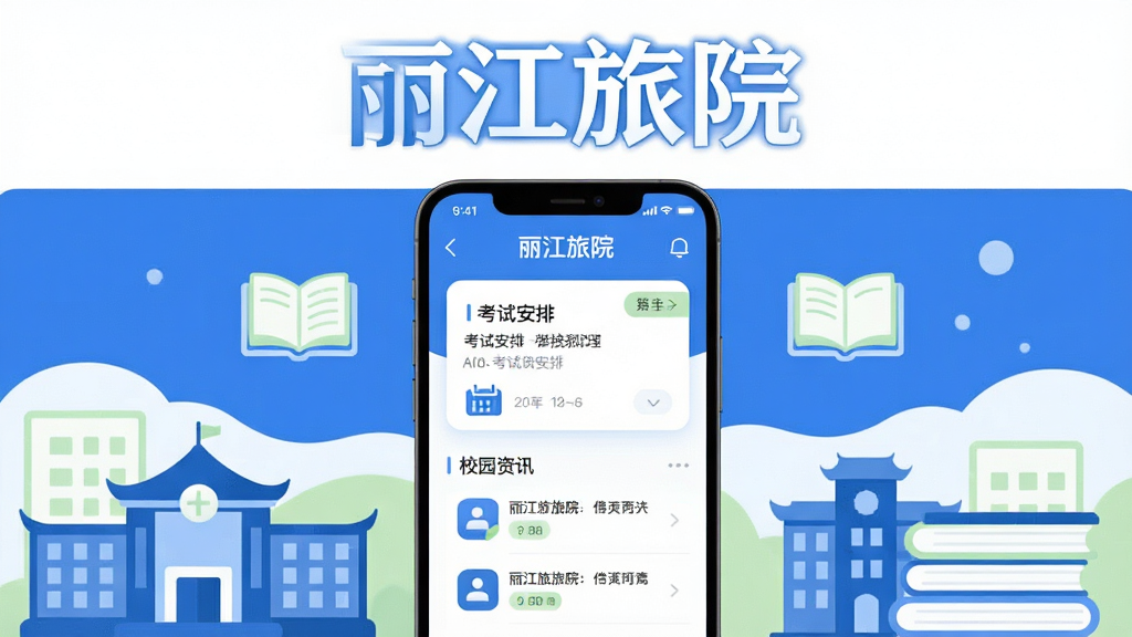画面主体为一部竖屏智能手机,屏幕中央展示“丽江旅院”应用主界面,包含考试安排卡片和校园资讯列表;手机左右两侧分布着简约的校园建筑剪影与书本图标;整体布局居中对称,上方留白放置“丽江旅院”四个大字;风格为扁平化现代插画,色调以蓝白为主辅以浅绿点缀;细节上屏幕内文字清晰、图标圆润;画质高清干净,无多余装饰元素