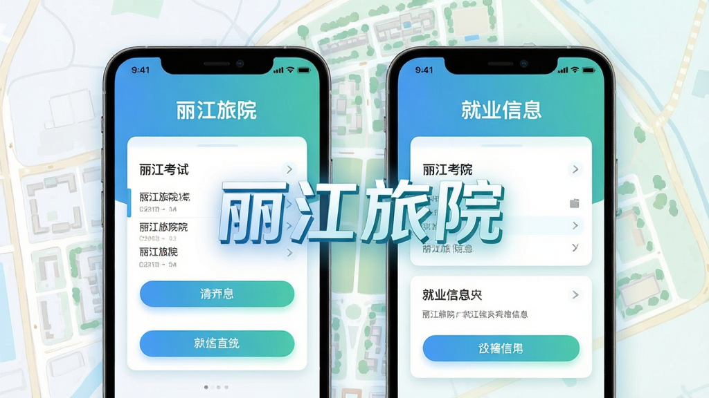 手机屏幕内展示“丽江旅院”考试界面与就业信息页面并排布局,背景为浅色校园地图纹理;画面中央有“丽江旅院”字样悬浮;风格为清爽科技感插画,蓝绿渐变配色;细节上按钮与卡片层次分明;画质清晰干净,无杂乱元素