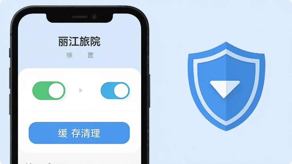 手机屏幕显示“丽江旅院”应用设置页面,旁边有权限开关图标与缓存清理按钮;画面右侧放置一个盾牌图标表示安全防护;风格为扁平化信息图,浅蓝底色;细节上文字标注清晰;画质干净无冗余