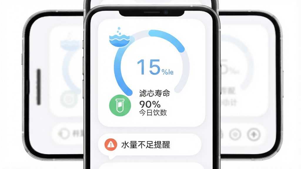 一张Hiigge饮水机监测界面的示意图,手机屏幕内显示水位环形进度条、滤芯寿命百分比与今日饮水次数统计,屏幕下方有“水量不足提醒”消息气泡,布局为手机居中、数据卡片上下排列,风格为柔和圆角卡片式UI,细节包括蓝色水位波纹图标与绿色滤芯图标,画质清晰干净,无多余元素