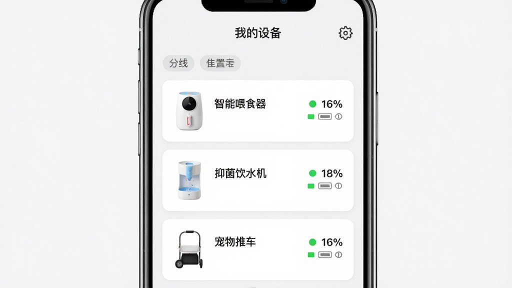 一张Hiigge应用设备管理界面的示意图,画面主体为手机屏幕,屏幕内呈现三行设备卡片,分别标注“智能喂食器”“抑菌饮水机”“宠物推车”,每张卡片右侧有绿色在线圆点与电量百分比,布局为纵向列表、顶部有“我的设备”标题栏,风格为简约浅色UI设计,细节包括分组标签与设置齿轮图标,画质清晰干净,无多余元素
