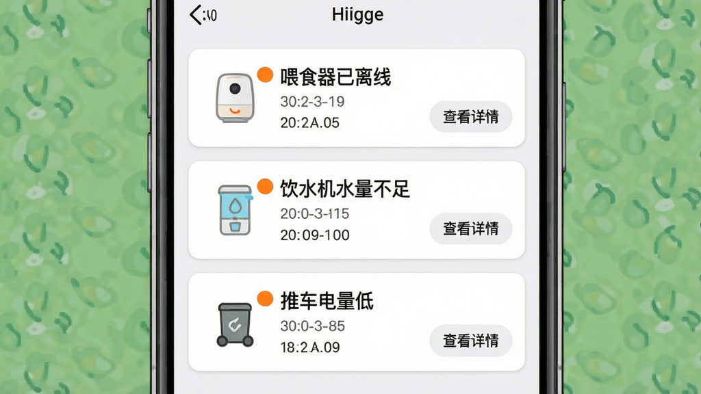 一张Hiigge消息中心界面的示意图,手机屏幕内显示三条通知卡片,分别标注“喂食器已离线”“饮水机水量不足”“推车电量低”,每条通知左侧有对应设备小图标与橙色提醒圆点,布局为手机居中、通知列表纵向排列,风格为简洁卡片式设计,细节包括时间戳与“查看详情”文字按钮,画质清晰干净,无多余元素