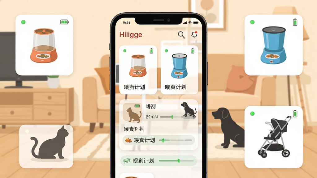 一张展示智能手机屏幕的图片,屏幕中央显示Hiigge应用主界面,界面中有宠物喂食器、饮水机、宠物推车三个设备卡片图标,背景为温馨的居家客厅环境,浅木色桌面,旁边有一只猫咪和一只小狗的剪影,整体布局为手机居中、设备图标环绕四周,风格为清爽现代的扁平化UI插画,细节包括设备状态指示灯、电量图标与喂食计划时间条,画质清晰干净,无多余元素