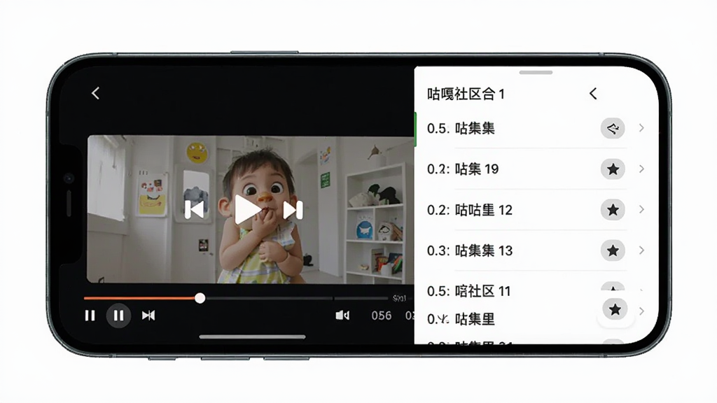 画面主体为手机屏幕中呈现咕嘎社区合集播放界面,左侧为播放窗口,右侧为分集列表,布局左右分栏,风格现代简洁,细节包括进度条、集数编号与收藏按钮,画质清晰,干净,无多余元素