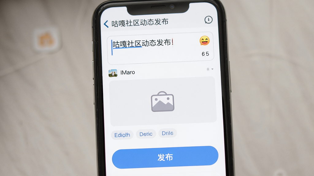 画面主体为咕嘎社区动态发布界面,手机屏幕中展示文字输入框、图片上传区域与发布按钮,布局上下结构,风格简洁友好,细节包括表情图标与话题标签,画质清晰,干净,无多余元素