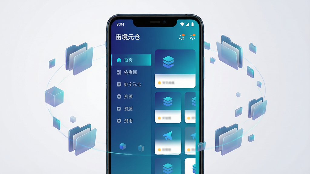 画面中央放置一部安卓手机,手机屏幕显示“宙境元仓”应用主界面,界面采用深蓝与青色渐变配色,左侧为分类导航栏,右侧为资源卡片网格布局;手机周围环绕半透明的数据方块与文件夹图标,象征数字资产归集;背景为干净的浅灰渐变,风格偏科技感与实用工具风,细节上突出图标清晰度与界面层次,画质清晰锐利,整体干净无多余装饰元素