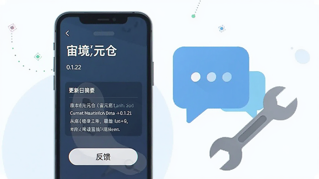 一部手机显示“宙境元仓”的关于页面,页面上有版本号“0.1.22”与更新日志摘要,下方有反馈按钮;手机旁边放着一个对话气泡图标与一个扳手工具模型,象征沟通与维护;风格为现代扁平插画风,配色清爽,细节上突出文字信息与图标搭配,画质干净,无杂乱元素