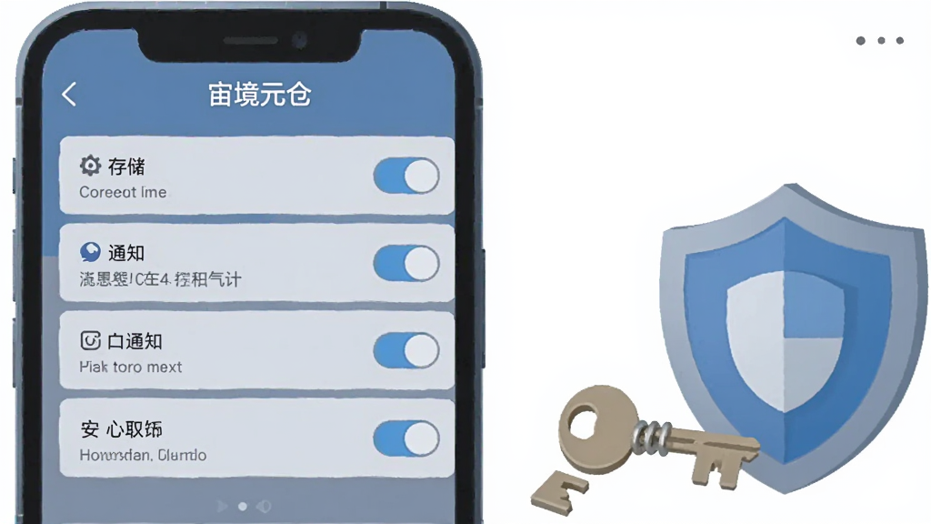 手机屏幕显示“宙境元仓”的权限设置页面,页面上列出存储、通知等权限条目,每条右侧有开关按钮与简短说明文字;手机旁放置一把小钥匙与一个盾牌图标模型,象征权限可控与安全;风格为扁平化信息图风格,配色以蓝灰为主,细节上强调开关状态与文字可读性,画质清晰,背景干净