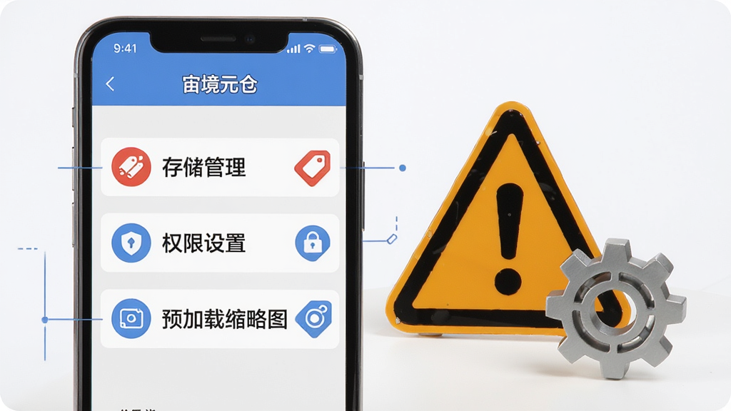 一部手机屏幕显示“宙境元仓”的设置页面,页面上高亮标注“存储管理”“权限设置”“预加载缩略图”三个条目,条目旁配有红色与蓝色的小标签图标;手机旁边放着一个警示三角牌与一个齿轮模型,象征避坑与设置调整;风格为信息图风格,配色以白底蓝灰为主,细节上强调高亮条目与图标对应关系,画质清晰,背景干净无杂物