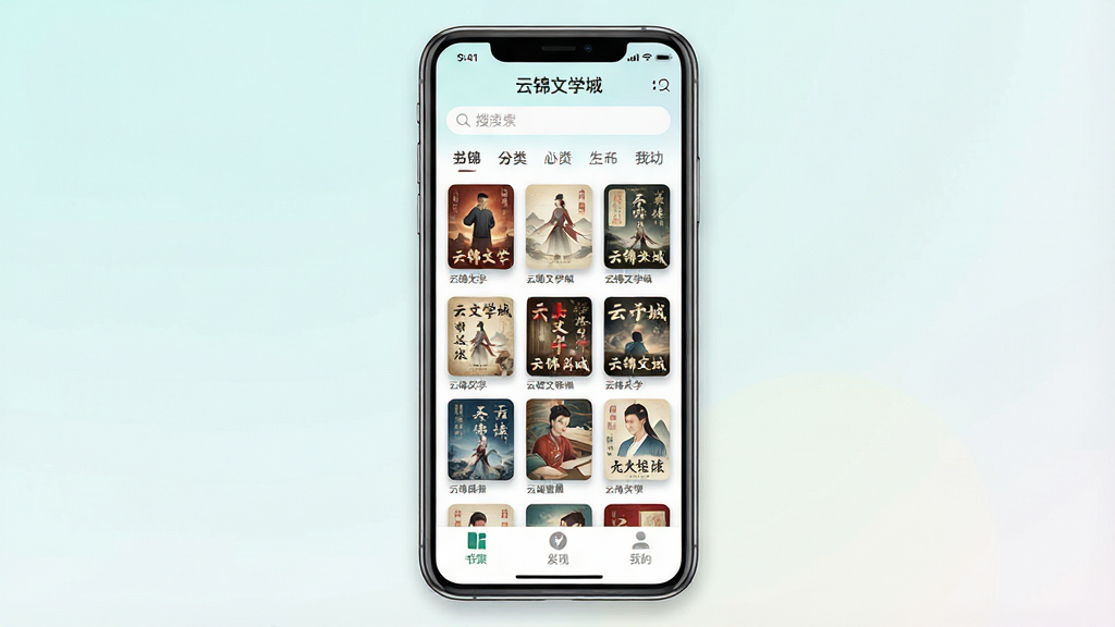 一张手机阅读应用展示图,画面中央是一部竖屏智能手机,屏幕内显示“云锦文学城”书城首页,顶部有搜索栏与分类标签,中部为整齐排列的小说封面网格,底部为书架、发现、我的导航栏,整体布局干净有序,风格为清新浅色系扁平化UI设计,细节包含封面阴影、圆角卡片与柔和渐变背景,画质清晰锐利,画面干净无多余元素