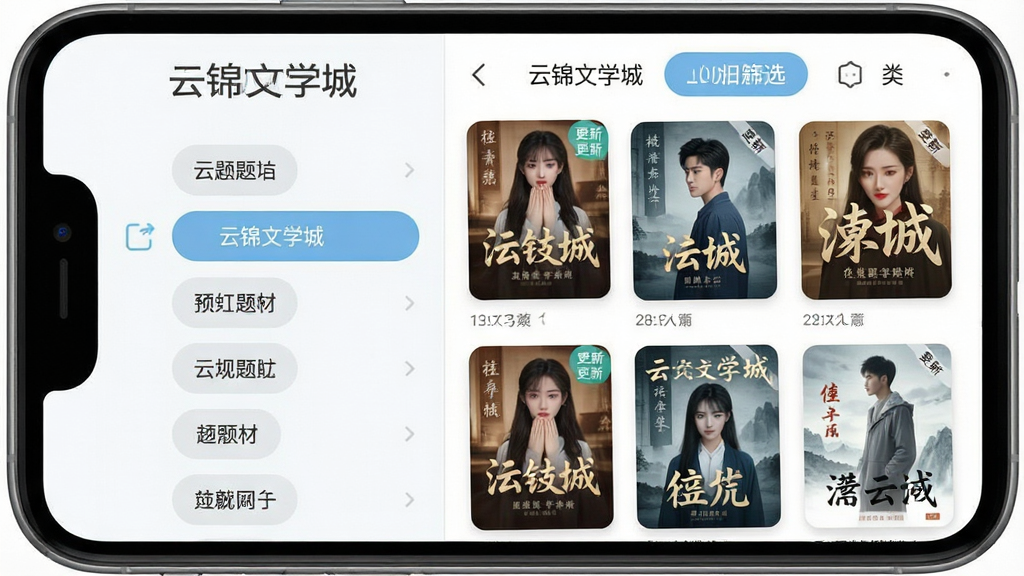一张手机应用书库分类界面图,画面主体为手机屏幕,屏幕内展示“云锦文学城”分类页面,左侧为题材标签列表,右侧为小说封面瀑布流,顶部有筛选按钮,布局左右分栏清晰,风格为清爽浅色扁平设计,细节包含标签选中高亮、封面圆角与更新角标,画质清晰,画面干净无多余元素